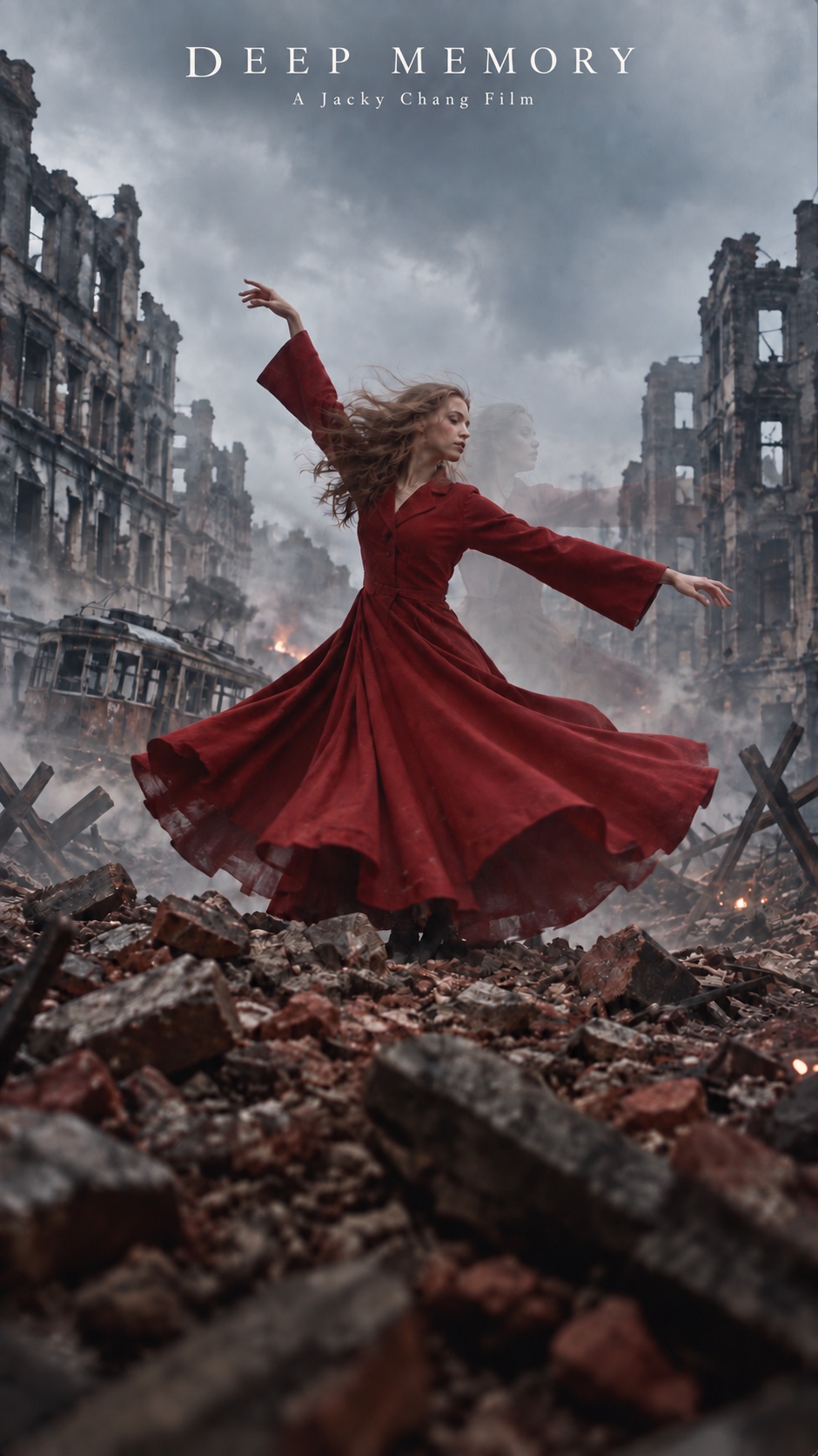 Deep Memory concept key art: a woman in a red dress dances among war-damaged buildings, with the title Deep Memory — A Jacky Chang Film.