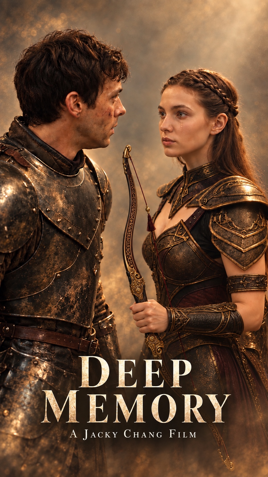 Memory World concept art: a man and woman in a fantasy setting wearing armor, with the title Deep Memory — A Jacky Chang Film.